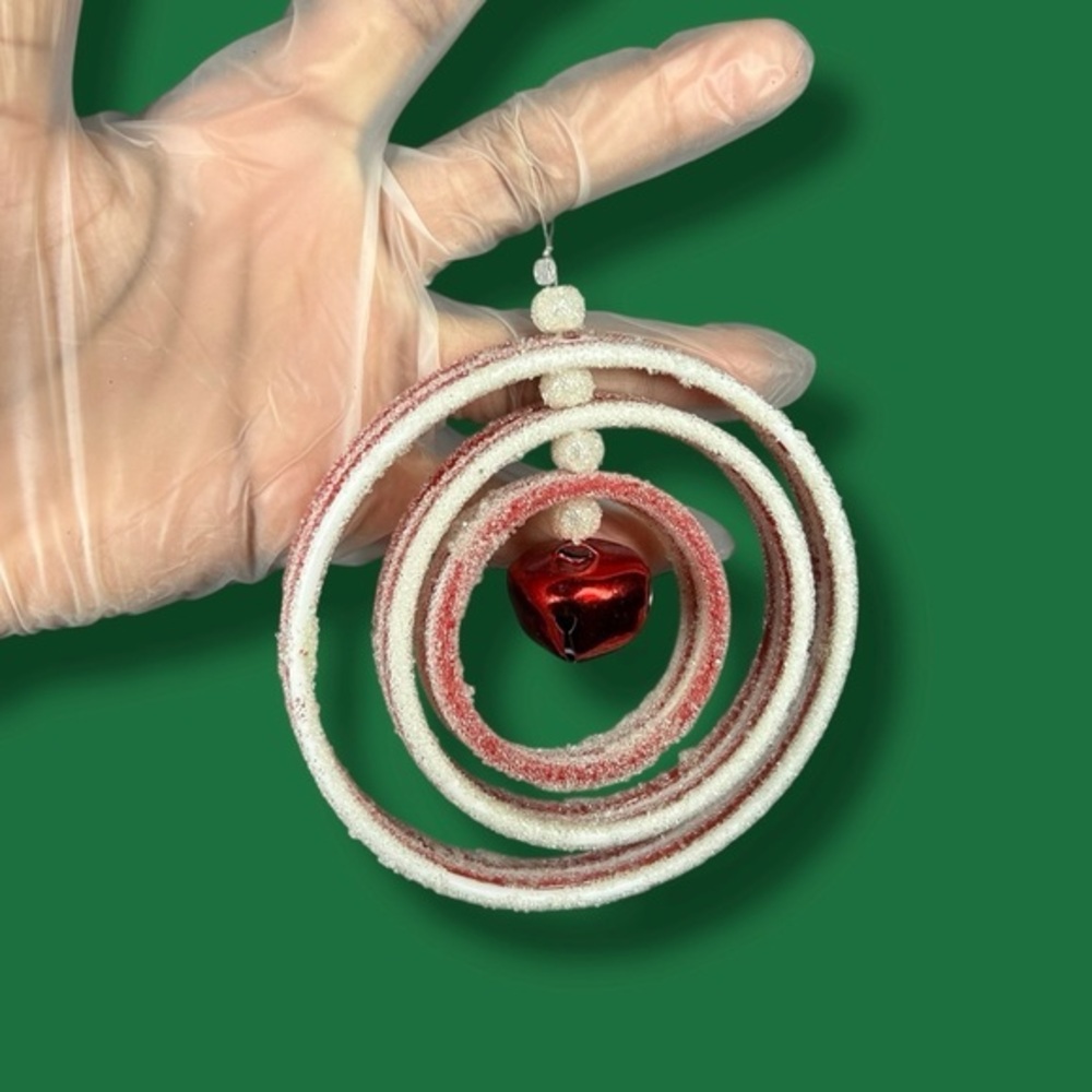 Red And White Frosty Glittery Three Ring Belled Christmas Ornament - “Holiday”